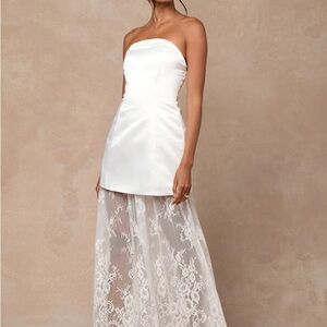 Winslet White Satin Sheer Hem Strapless Maxi Dress